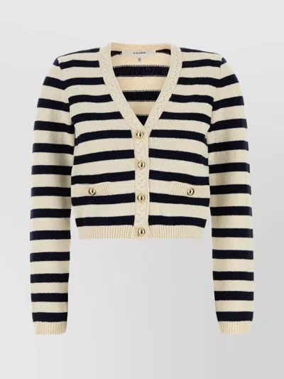 Frame Embroidered V Neck Striped Knit Cardigan