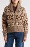 Frame Fair Isle Shawl Collar Zip Alpaca Blend Sweater In Brown