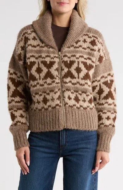 Frame Fair Isle Shawl Collar Zip Alpaca Blend Sweater In Brown