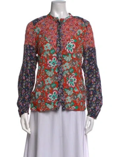 Pre-owned Frame Floral Print Long Sleeve Blouse In Red