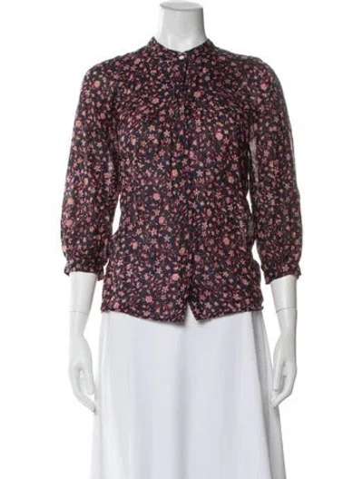 Pre-owned Frame Floral Print Three-quarter Sleeve Blouse In Blue