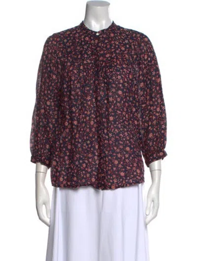 Pre-owned Frame Floral Print Three-quarter Sleeve Blouse In Blue