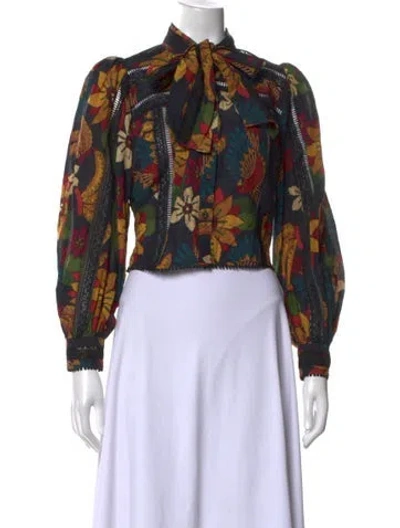 Pre-owned Frame Floral Print Tie Neck Blouse In Black