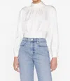 Frame Foldover Mock Neck Jacquard Silk Blouse In White