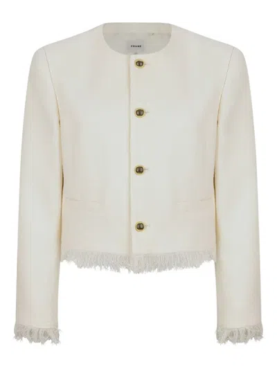 Frame Fringed Button-front Jacket In White