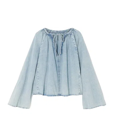 Frame Gathered Chambray Blouse In Blue