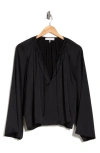 Frame Glossy V-neck Blouse Ruffled Insert In Black