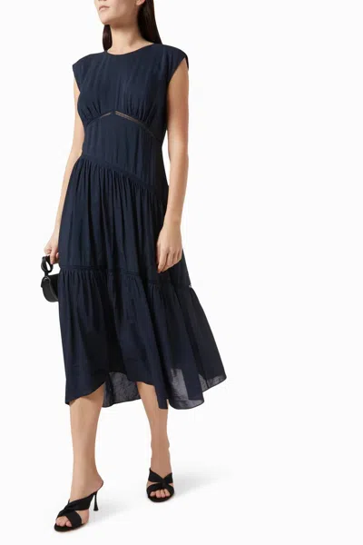 Frame Gathered Seam Lace Inset Dress In Navy In Blue