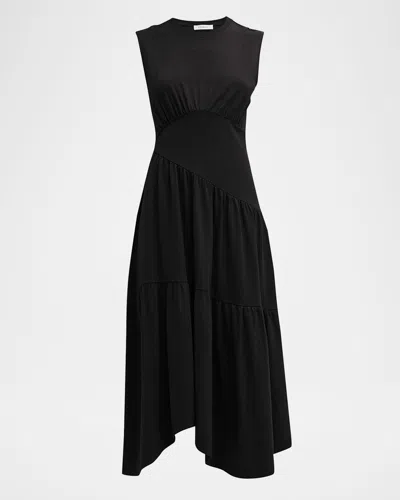 Frame Asymmetric Gathered Cotton-seersucker Dress In Noir