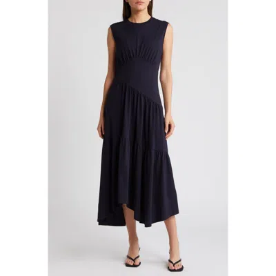 Frame Gathered Seam Organic Cotton A-line Midi Dress In Navy