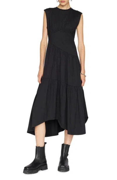 Frame Asymmetric Gathered Cotton-seersucker Dress In Noir