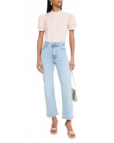 Frame Gathered Short Sleeve Button Front Top In Light Pink