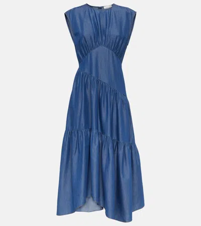 Frame Gathered Tiered Denim Midi Dress In Blue