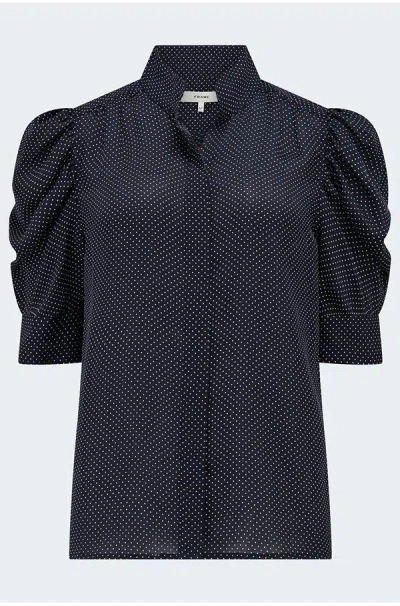 Frame The Gillian Ruched Polka-dot Silk-crepe Blouse In Blue