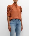 Frame Gillian Silk Collared Puff-sleeve Top In Deep Rust