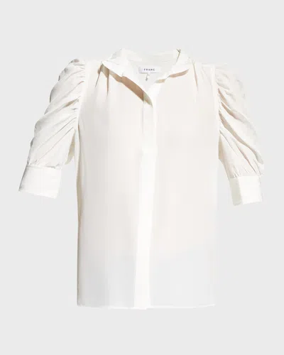 Frame Gillian Silk Collared Puff-sleeve Top In Off White