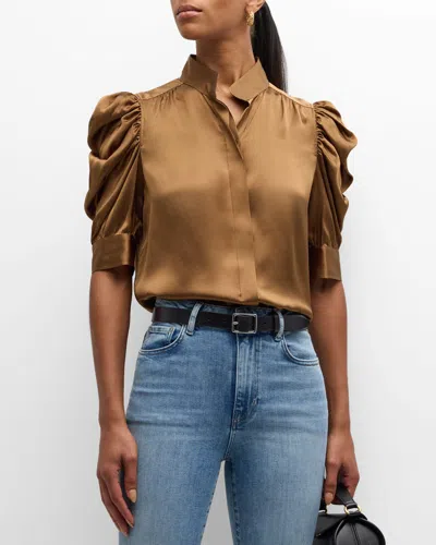 Frame Gillian Silk Ruched Sleeve Top In Cinnamon
