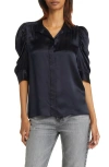 Frame Gillian Three-quarter Sleeve Silk Button-up Shirt In Navy