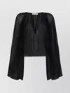 Frame Glossy V-neck Blouse Ruffled Insert In Black