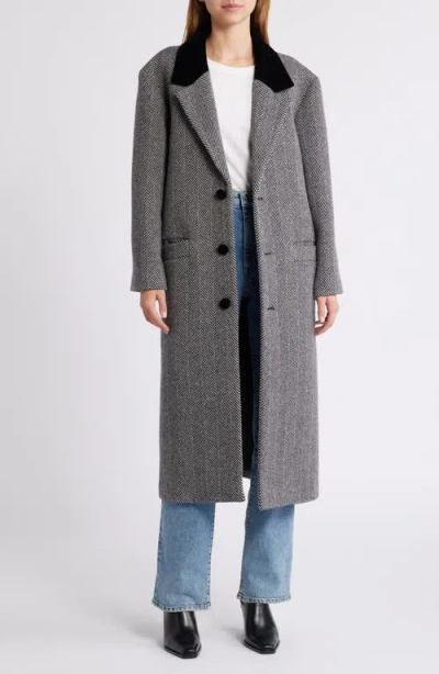 Frame Herringbone Wool Blend Longline Coat In Grey