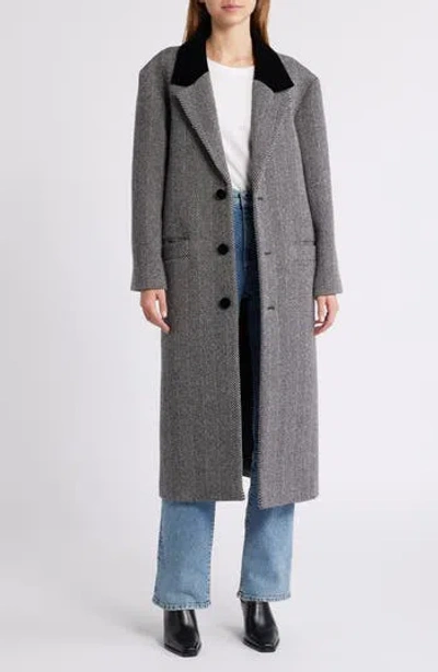 Frame Herringbone Wool Blend Longline Coat In Gray