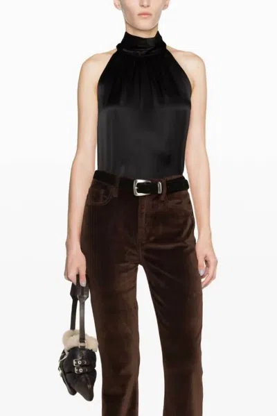 Frame High Neck Satin Top In Black