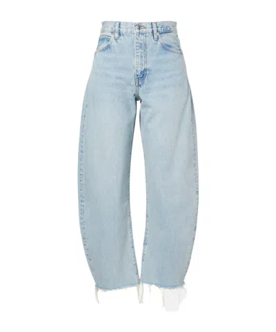 Frame The Bubble Crop Frayed High-rise Barrel-leg Jeans In Blue