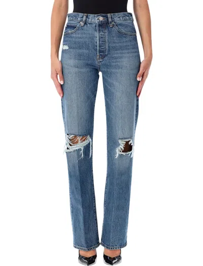 Frame High-rise Distressed Straight-leg Jeans In Blue