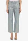 Frame Cropped Hologram Denim Jeans With Belt Loops In Light Blue