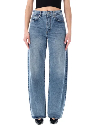 Frame Wide Leg Five Pocket Belt Loop Trousers In Blue