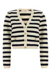 Frame Embroidered V Neck Striped Knit Cardigan In Brown