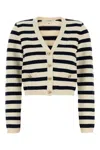 Frame Embroidered V Neck Striped Knit Cardigan In Brown