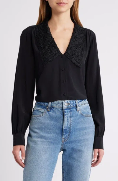 Frame Lace Collar Button-up Silk Shirt In Black