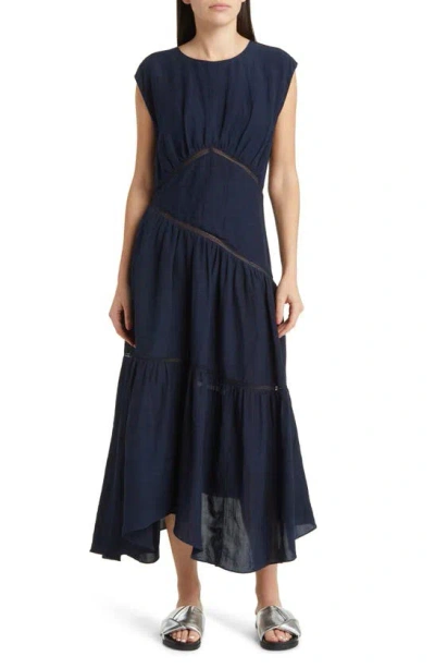 Frame Women's Gathered Linen-blend Handkerchief Midi-dress In Navy