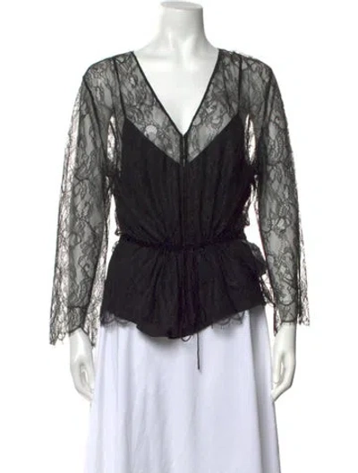 Pre-owned Frame Lace Pattern V-neck Blouse In Black