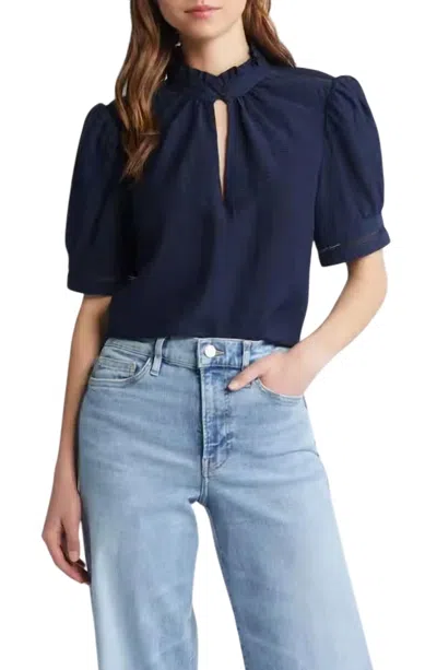 Frame Lace Trim Puff Sleeve Top In Navy