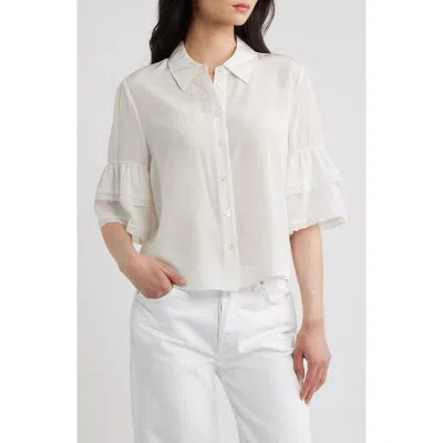 Frame Lace Trim Ruffle Sleeve Silk Button-up Top In White