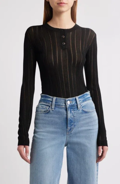Frame Laddered Ribbed Long Sleeve Henley In Black