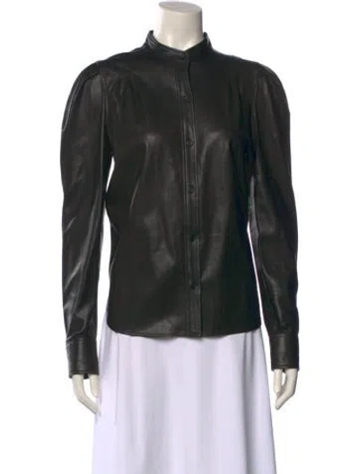 Pre-owned Frame Lamb Leather Mock Neck Button-up Top In Black