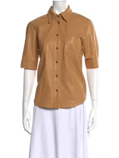 Pre-owned Frame Lamb Leather Three-quarter Sleeve Button-up Top In Neutral