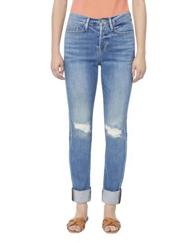 Frame Le Beau Ankle Straight Leg Boyfriend Jeans In Cleo Rips In Blue