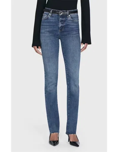 Frame Le High Straight Long Raw Fray Jean In Mermaid In Blue
