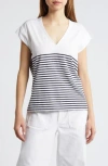 Frame Le Mid Rise Stripe V-neck Cotton T-shirt In Navy Multi