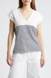 Frame Le Mid Rise Stripe V-neck Cotton T-shirt In Navy Multi