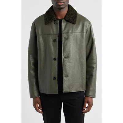 Frame Leather Barn Jacket With Genuine Shearling Collar In Green