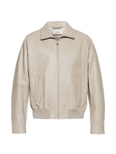 Frame Mens Dusty Beige Collared Zip-up Leather Bomber Jacket In Gray