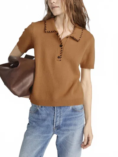 Frame Leather Stitch Polo Top In Camel In Brown