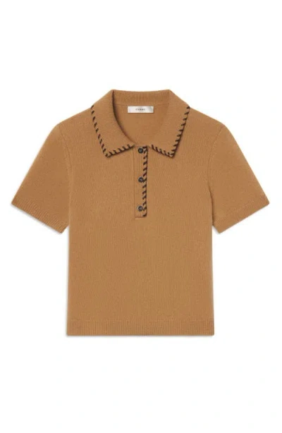 Frame Whipstitched Leather-trimmed Wool And Cashmere-blend Polo Shirt In Brown