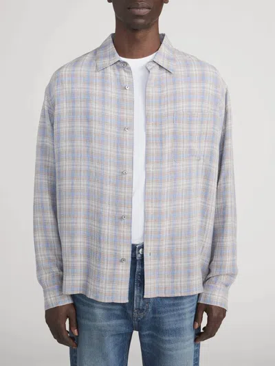 Frame Linen Blend Plaid Shirt In Cream/blue In Multi