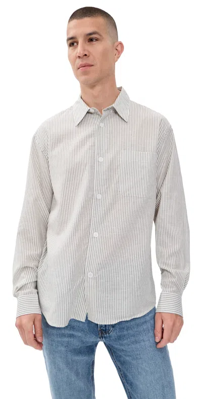 Frame Linen Blend Stripe Button Down Shirt Khaki Ecru Stripe In Multi